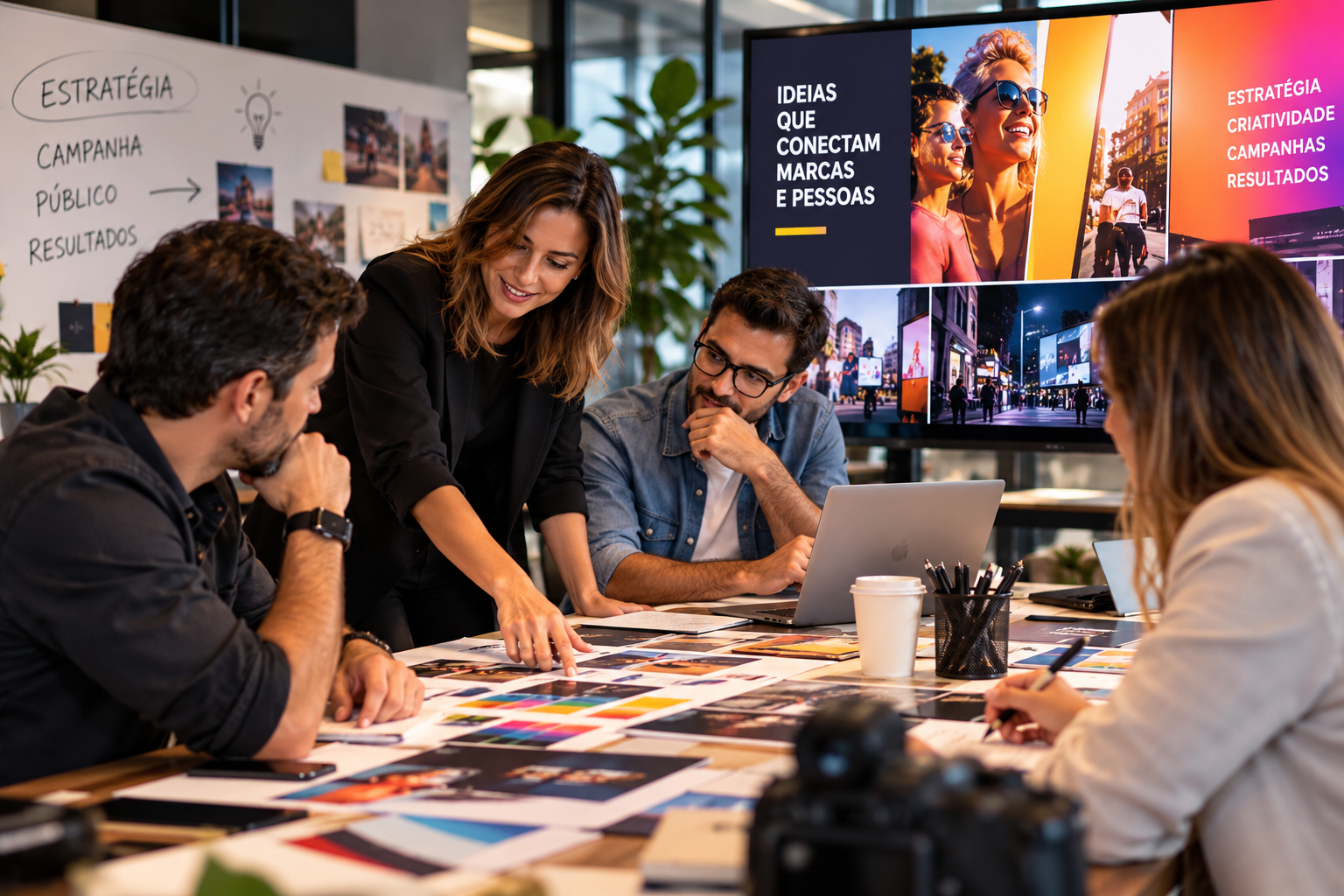Equipe de criação reunida em mesa com peças de campanha e quadro de estratégia