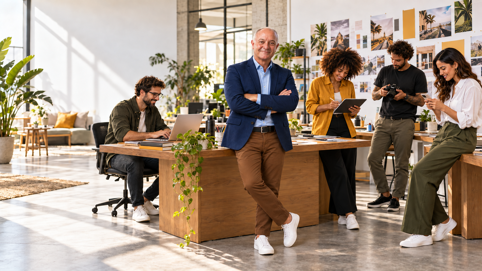 Ambiente de trabalho da Plancom com equipe reunida em estúdio de criação